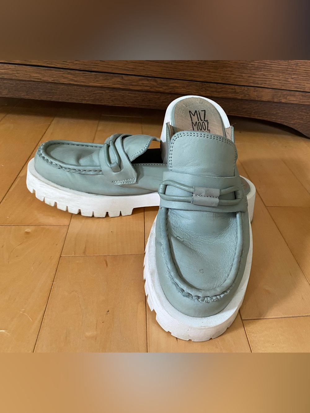 Miz Mooz Pale Blue/green Leather Lug Sole Slip-On Mules